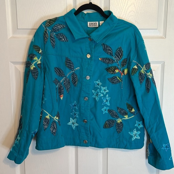 Chico’s Design Teal Appliquéd Unlined Jacket Size 3 (16)Silver Buttons - Picture 2 of 12